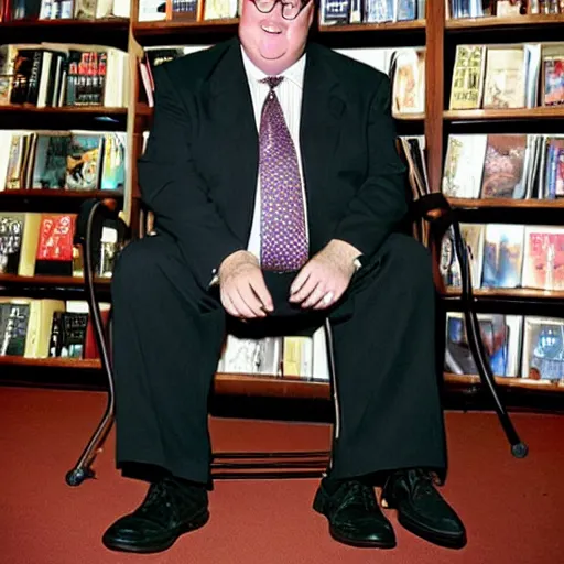 Prompt: 2 0 0 3 john lasseter wearing a black suit and necktie and black shoes sitting in a chair with his legs crossed in a bookstore. he has his hand resting on the ankle of the crossed leg