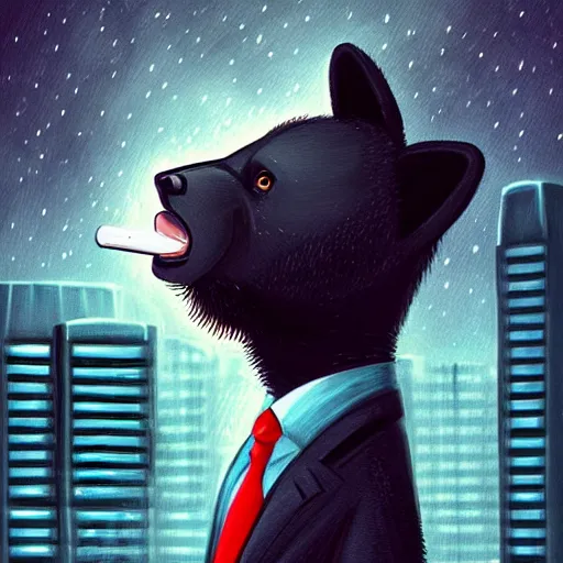 Image similar to a black bear wearing a suit and tie with a cigarette in his mouth, cyberpunk art by Cyril Rolando, featured on deviantart, furry art, furaffinity, smokey background, digital painting