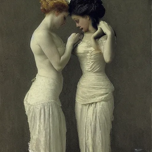 Image similar to Two beautiful women in love, vertical symmetry, photograph, vintage shading, elegance, visually coherent, by Ilya Repin