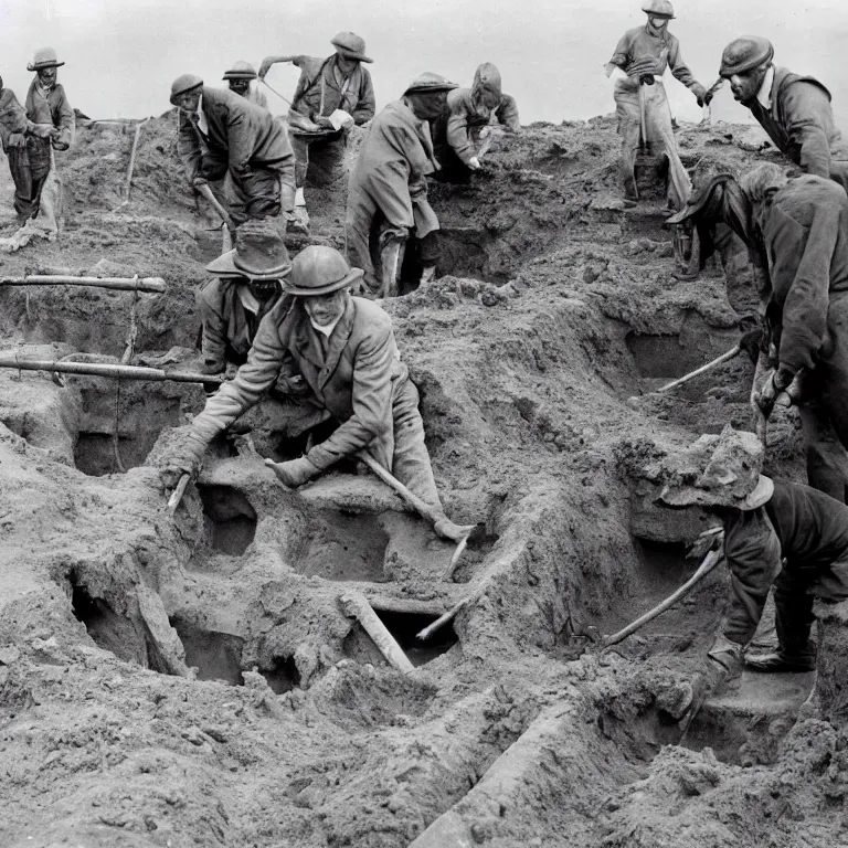 Image similar to archaeologist badgers in 1940s suits digging at the sutton hoo ship burial, black & white photo