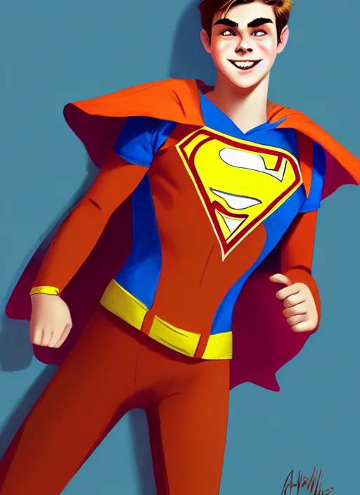 Image similar to friendly teenage archie andrews wearing an orange superhero costume with heart logo, freckles, superhero costume, heart emblem on chest, cape, intricate, elegant, glowing lights, highly detailed, digital painting, artstation, sharp focus, illustration, art by wlop, mars ravelo and greg rutkowski