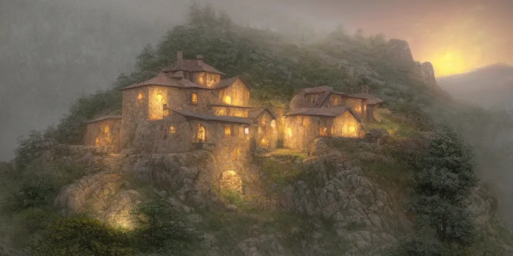 Prompt: small medieval house on top of a rocky hill overlooking a large valley, at dusk, very foggy, moody, matte painting, volumetric lighting, rocky, stunning detail, 4k, hd, clean, full of detail, sharp focus, rule of thirds by Makoto Shinkai, thomas kinkade, Karol Bak, trending on artstation