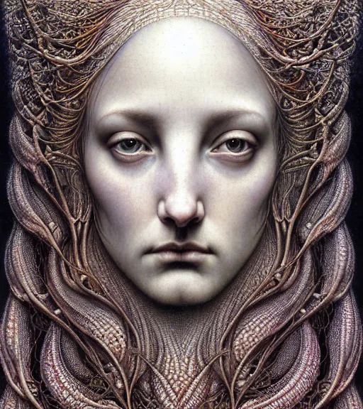 Image similar to detailed realistic beautiful gloaming goddess face portrait by jean delville, gustave dore, iris van herpen and marco mazzoni, art forms of nature by ernst haeckel, art nouveau, symbolist, visionary, gothic, neo - gothic, pre - raphaelite, fractal lace, intricate alien botanicals, ai biodiversity, surreality, hyperdetailed ultrasharp octane render