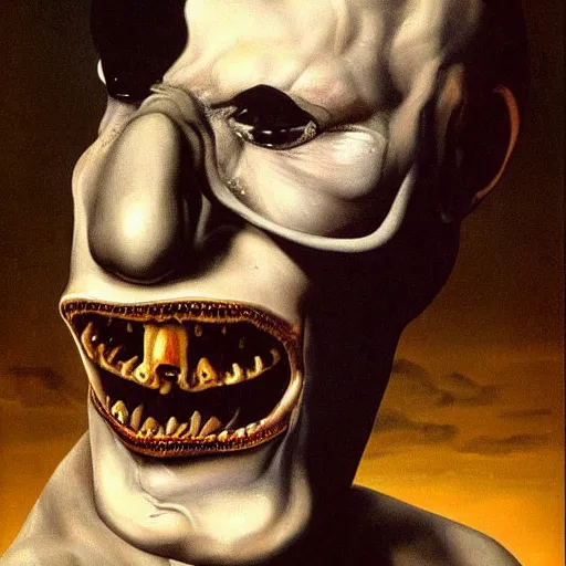 Prompt: Oil painting with black background by Christian Rex Van Minnen Robert Williams Salvador Dali of a portrait of an extremely bizarre disturbing mutated man with intense chiaroscuro lighting perfect composition