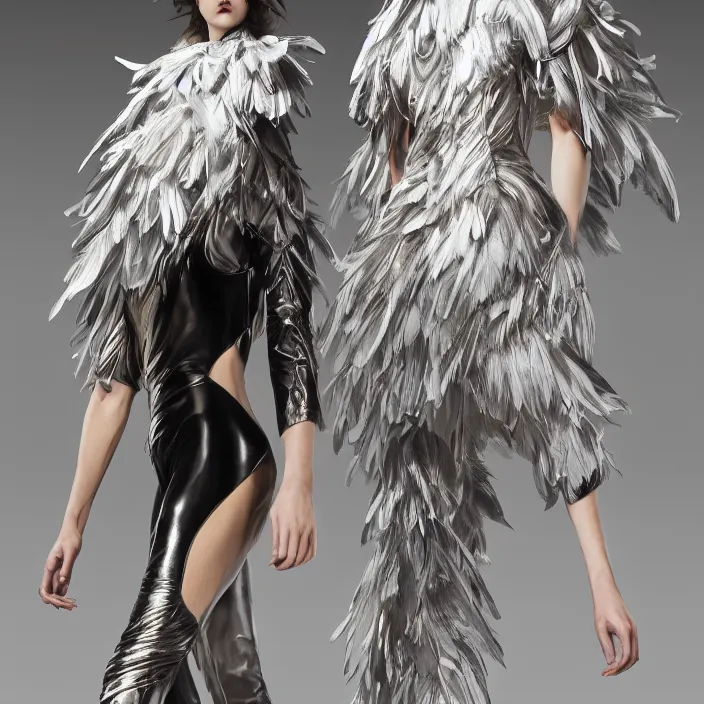 Prompt: metallic neoprene woman, feathered, nylon fashion, designed by wlop, by greg rutkowski, by santiago calatrava