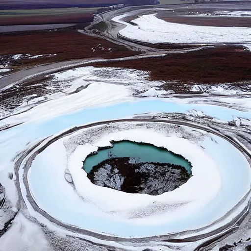 Image similar to aerial shot of permafrost sinkhole forming in siberia