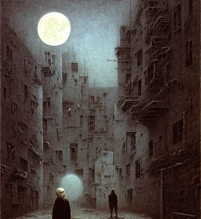 Prompt: old white - headed man under the huge moon on a street of ruined city by beksinski