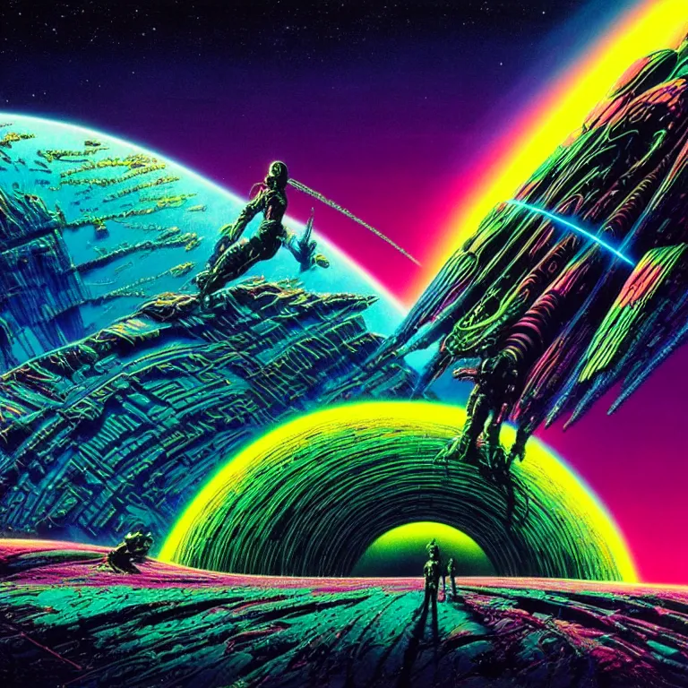 Image similar to edge of interstellar space, synthwave, bright neon colors, highly detailed, cinematic, tim white, philippe druillet, roger dean, ernst haeckel, lisa frank, michael whelan, kubrick, kimura, isono