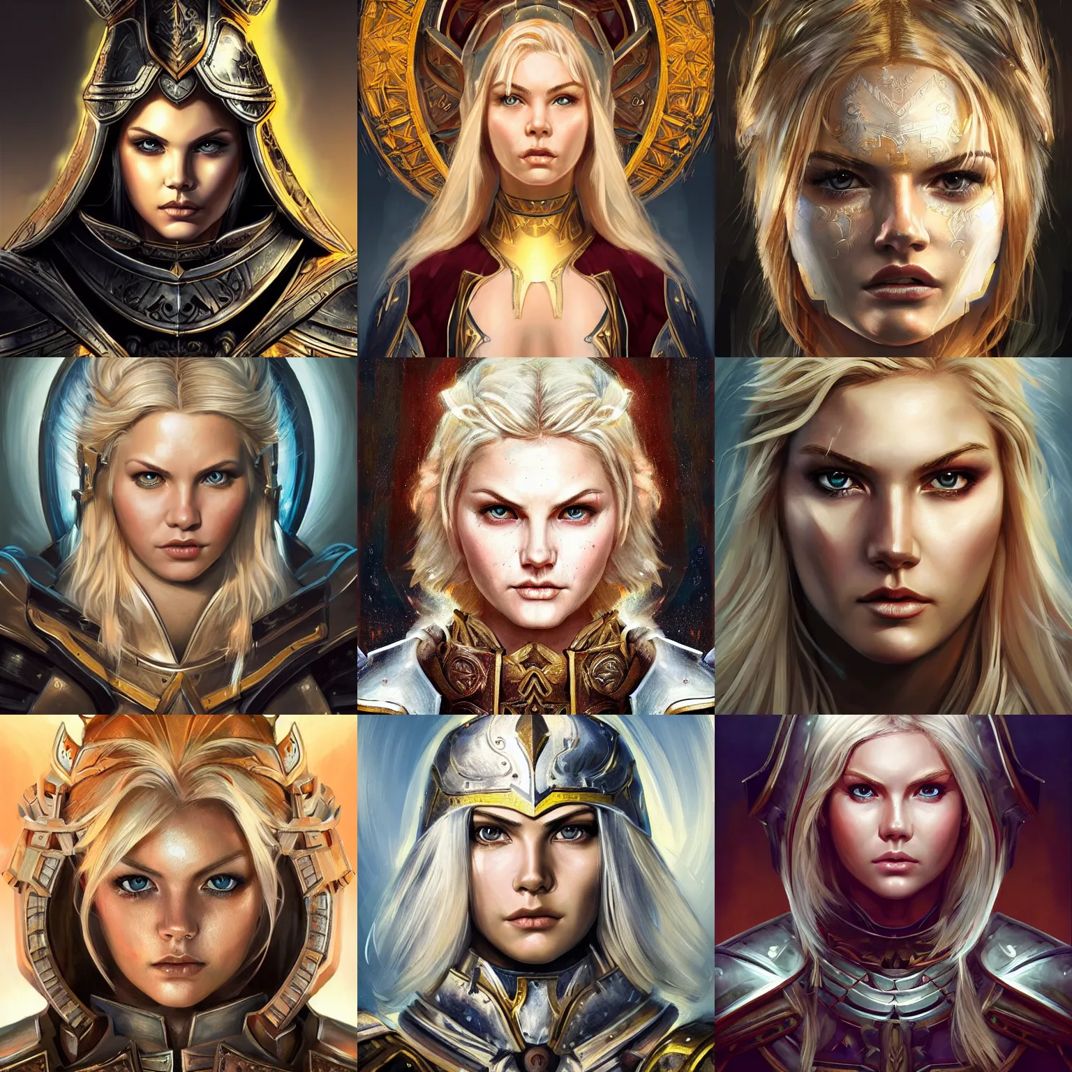 Prompt: head-on centered symmetrical painted portrait, young Elisha Cuthbert as a holy paladin, blonde hair, steel armour, dramatic lighting, intricate, wild, highly detailed, digital painting, smooth, sharp focus, illustration, dramatic lighting, artstation, in the style of Artgerm and Anna Podedworna