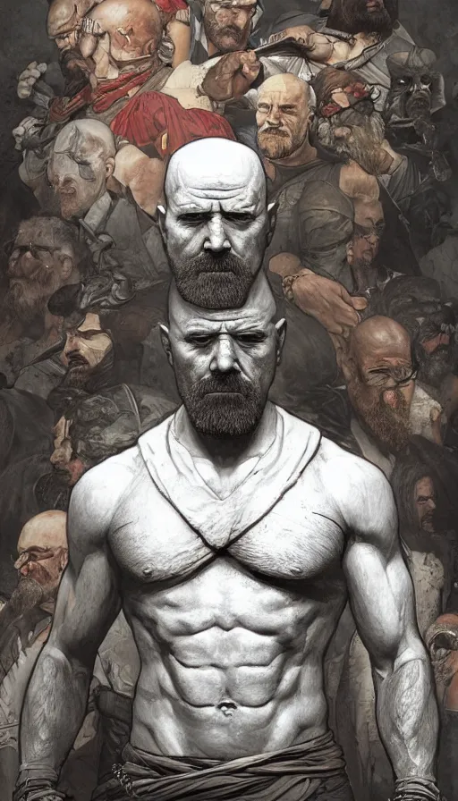 Image similar to Heisenberg as Kratos, highly detailed, digital painting, artstation, concept art, smooth, sharp focus, illustration, ArtStation, art by artgerm and greg rutkowski and alphonse mucha and J. C. Leyendecker and Edmund Blair Leighton and Katsuhiro Otomo and Geof Darrow and Phil hale and Ashley wood and Ilya repin and Charlie Bowater