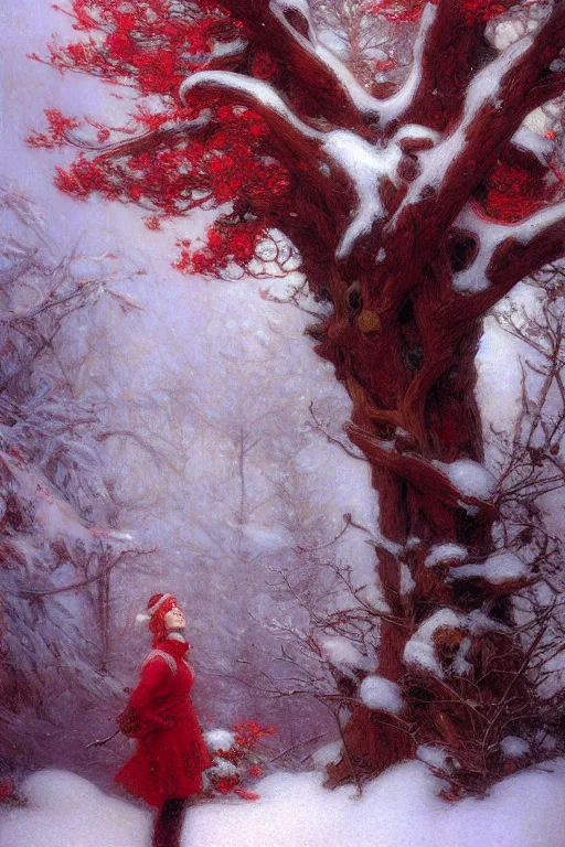 Image similar to winter, one giant red tree, ground covered with snow, extreme long shot, fantasy, painting by gaston bussiere, craig mullins, j. c. leyendecker, trending on artstation