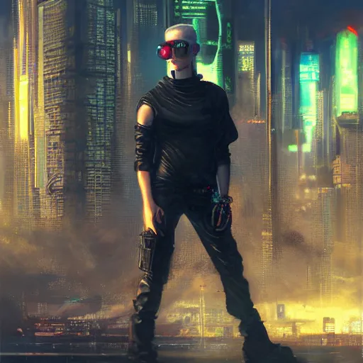 Prompt: cyberpunk, portrait of a beautiful trained cyberpunk street samurai, sunglasses, shag hair, cyberpunk city background, megacity, neuromancer, molly millions, gorgeous view, dramatic light, depth, high detail, digital art, movie promotional art, painted by seb mckinnon, painted by greg rutkowski, neuromancer, trending on artstation