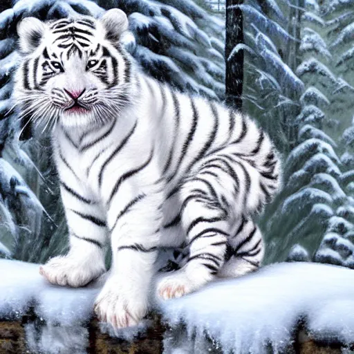 Image similar to cute fluffy baby white tiger sitting in snowy winter landscape detailed painting 4 k