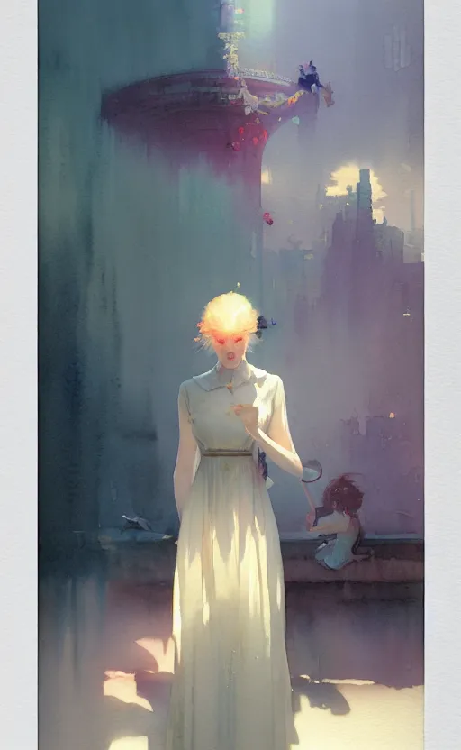 Prompt: female in office dress. intricate, amazing composition, colorful watercolor, by ruan jia, by maxfield parrish, by marc simonetti, by hikari shimoda, by robert hubert, by zhang kechun, illustration, gloomy, volumetric lighting, fantasy