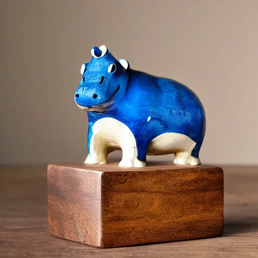 Prompt: a small hippo statue carved from natural wood, dipped in polished blue ceramic, half and half, mixed media, side view