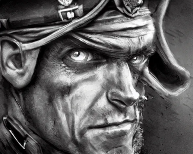 Image similar to A soldier aiming a gun with a hateful face, world war 1, close-up, realistic face, beautiful face detail, mature facial features, black and white, amazing digital art, hyper detailed, artstation, in the style of Tony Sart