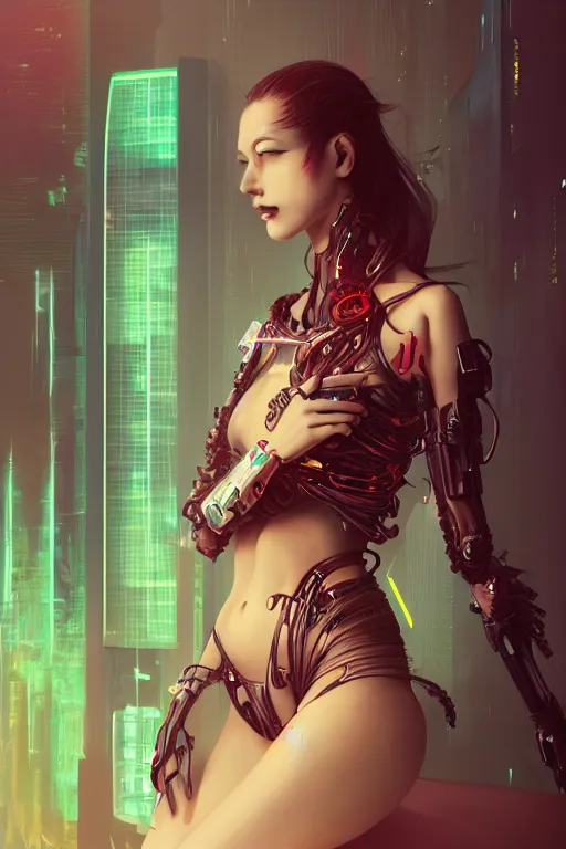 Prompt: portrait futuristic Devil Girl, in future cyberpunk tokyo rooftop , ssci-fi, fantasy, intricate, very very beautiful, elegant, human anatomy, neon light, highly detailed, digital painting, artstation, concept art, smooth, sharp focus, illustration, art by tian zi and WLOP and alphonse mucha