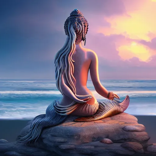 Image similar to stunning artstation style portrait painting of a mermaid bodhisattva, praying meditating prayer hands, on the beach, by the ocean, stunning sky, WLOP, 8k masterpiece, curvy, slim build, full frame shot, cinematic lighting, pristine clean design, fantasy, insanely detailed, atmospheric