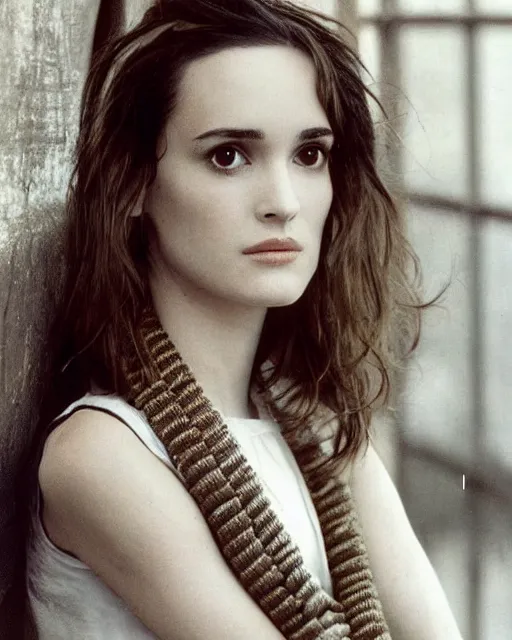 Image similar to gorgeous young winona ryder wearing a outfit made from ropes, half body portrait, greg kutkowski, sharp details, soft lighting, subsurface scattering, pearls of sweat, glistening skin, warm lighting