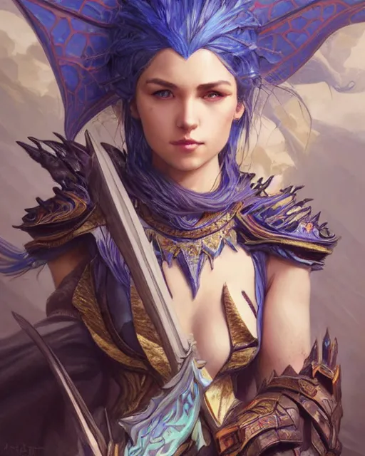 Image similar to Portrait of a Fantasy azure dragon hunter, HD, illustration, epic, D&D, fantasy, intricate, elegant, highly detailed, digital painting, artstation, concept art, smooth, sharp focus, illustration, art by artgerm and greg rutkowski and alphonse mucha, monster hunter illustrations art book