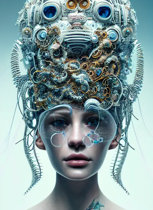 Prompt: portrait of an absurdly beautiful, graceful, sophisticated, fashionable cyberpunk mechanoid, hyperdetailed illustration by irakli nadar and vania zouravliov, matt wisniewski style, intricate linework, white porcelain skin, faberge, tropical fish headdress, unreal engine 5 highly rendered, global illumination, radiant light, detailed and intricate environment