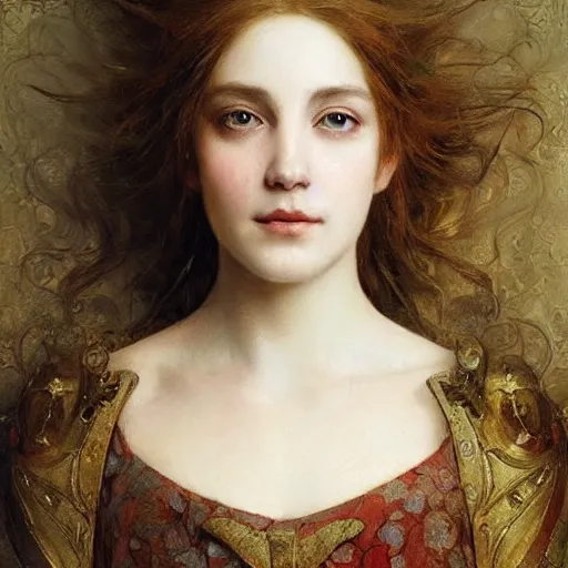 Image similar to detailed realistic beautiful young medieval queen face portrait by ruan jia, art nouveau, symbolist, visionary, gothic, pre - raphaelite