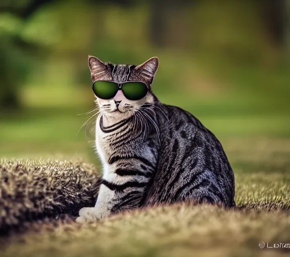 Image similar to award winning 5 5 mm portrait photo of an admiral cat in full military outfit and aviators, in a park by luis royo. soft light. sony a 7 r iv