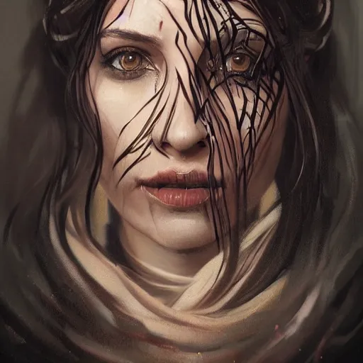 Image similar to portrait of an woman by Greg Rutkowski, she is about 20 years old, pretty, long brown wavy hair, tribal tattoos on her face, scar near her mouth that makes her look like she's smiling all the time, wearing black sith robes, Star Wars Expanded Universe, highly detailed portrait, digital painting, artstation, concept art, smooth, sharp foccus ilustration, Artstation HQ