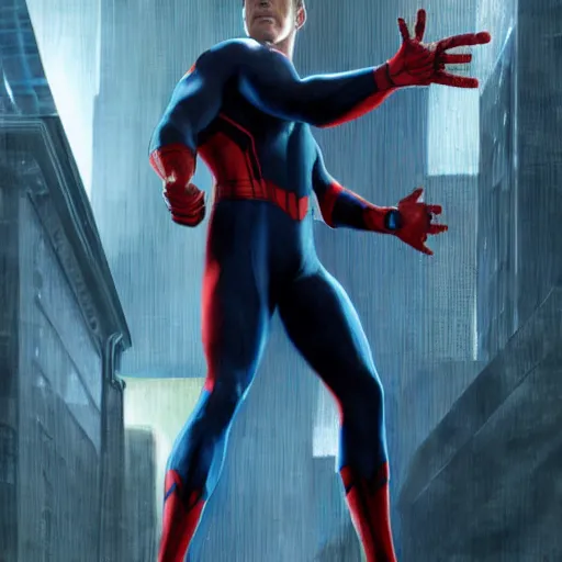 Image similar to ryan reynolds as spider - man, wearing a black and blue suit, cinematic, volumetric lighting, f 8 aperture, cinematic eastman 5 3 8 4 film, photorealistic by greg rutkowski, by stanley artgerm, by alphonse mucha