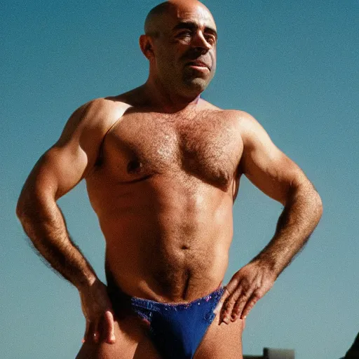 Image similar to photo of joe rogan wearing a thong, cinestill, 800t, 35mm, full-HD