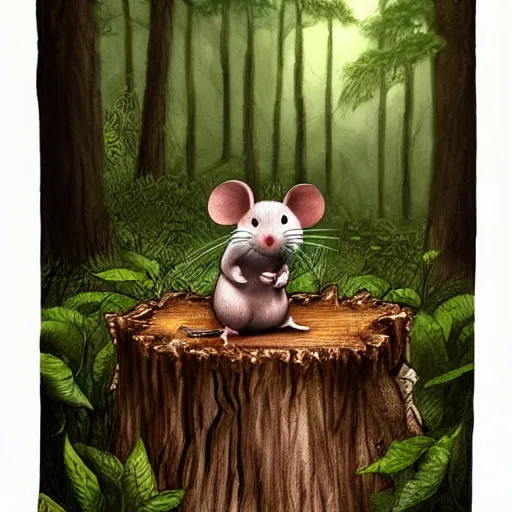 Prompt: a mouse with a sword sits on a stump, deep forest, by rivuletpaper, rivuletpaper art, MouseGuard by David Petersen, by David Petersen, small details, realistic illustration, realistic mouse