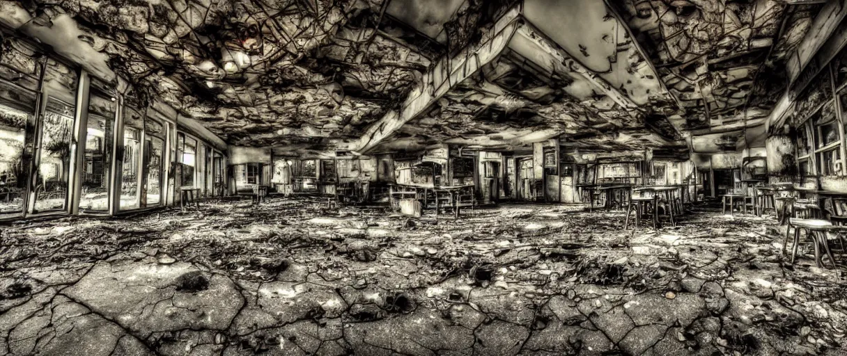 Prompt: Photography of an Abandoned café in the middle of a big parking lot cracked pavement noon wide shot quality picture detailed and intricate low angle wallpaper size