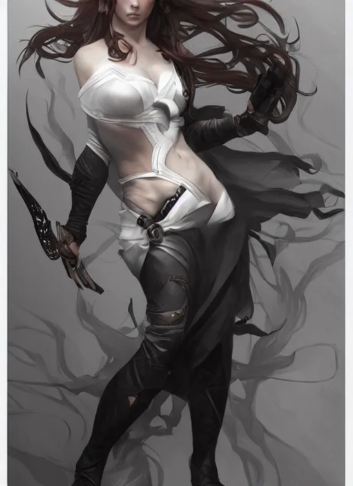 Prompt: female assassin concept design, with dynamic pose, fantasy, dark, majestic, elegant, by alphonse mucha, grey rutkowski, artgerm, artstation, digital illustration