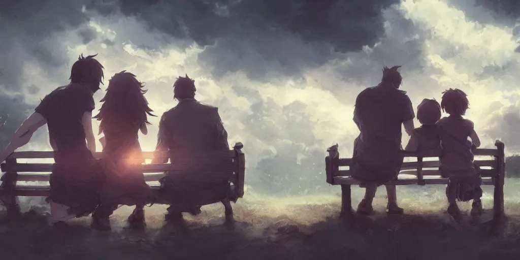 Image similar to a family with sorrow faces sitting on a bench, dramatic sky, close up shot, anime art, Greg Rutkowski, dramatic lighting