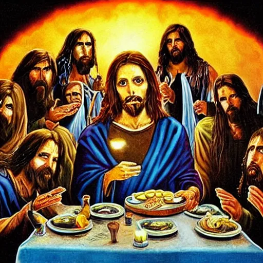 Image similar to the lord's supper, jesus accompanied by undeads in iron maiden album cover style