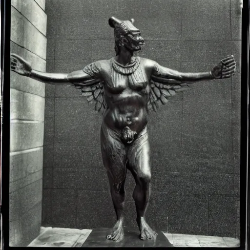 Image similar to Wet plate image of statue of a giant mythic man with black wings, age 34, outside 30 Rockefeller Center, Dark photo, Slightly blurred,