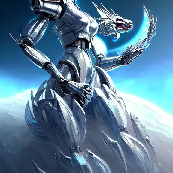 Image similar to giant stunning goddess shot, galactic sized beautiful hot anthropomorphic robot mecha female dragon, floating in space, larger than the planet, holding the earth in her hands, claws wrapped around earth, looming over earth, detailed sleek silver armor, sharp claws, epic proportions, epic scale, highly detailed digital art, sci fi, furry art, macro art, dragon art, goddess art, warframe fanart, destiny fanart, anthro, furry, giantess, macro, furaffinity, deviantart, 8k 3D realism