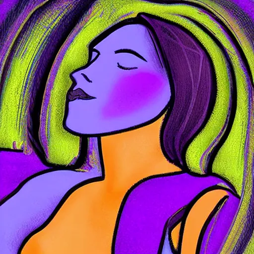 Prompt: This digital art is a beautiful example of use of color and light. The digital art depicts a woman reclining on a couch, with her head turned to the side and her eyes closed. The woman's body is bathed in a light, and her skin appears to glow. The artist has used a soft, delicate palette to create a sense of tranquility and serenity. The digital art is elegant and graceful, and the woman's face is incredibly expressive. It is a truly beautiful digital art. pastel by Ryan Stegman realist, colorful