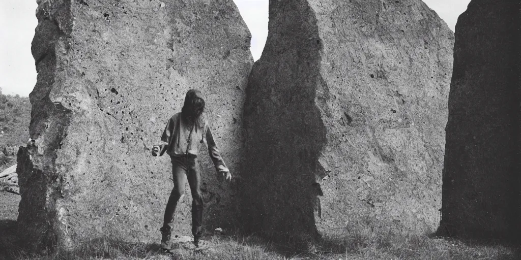 Image similar to creepy photo of dottore dancing around a stone monolith in a barn, 70mm film, old film, found film, scary, ominous, disturbing