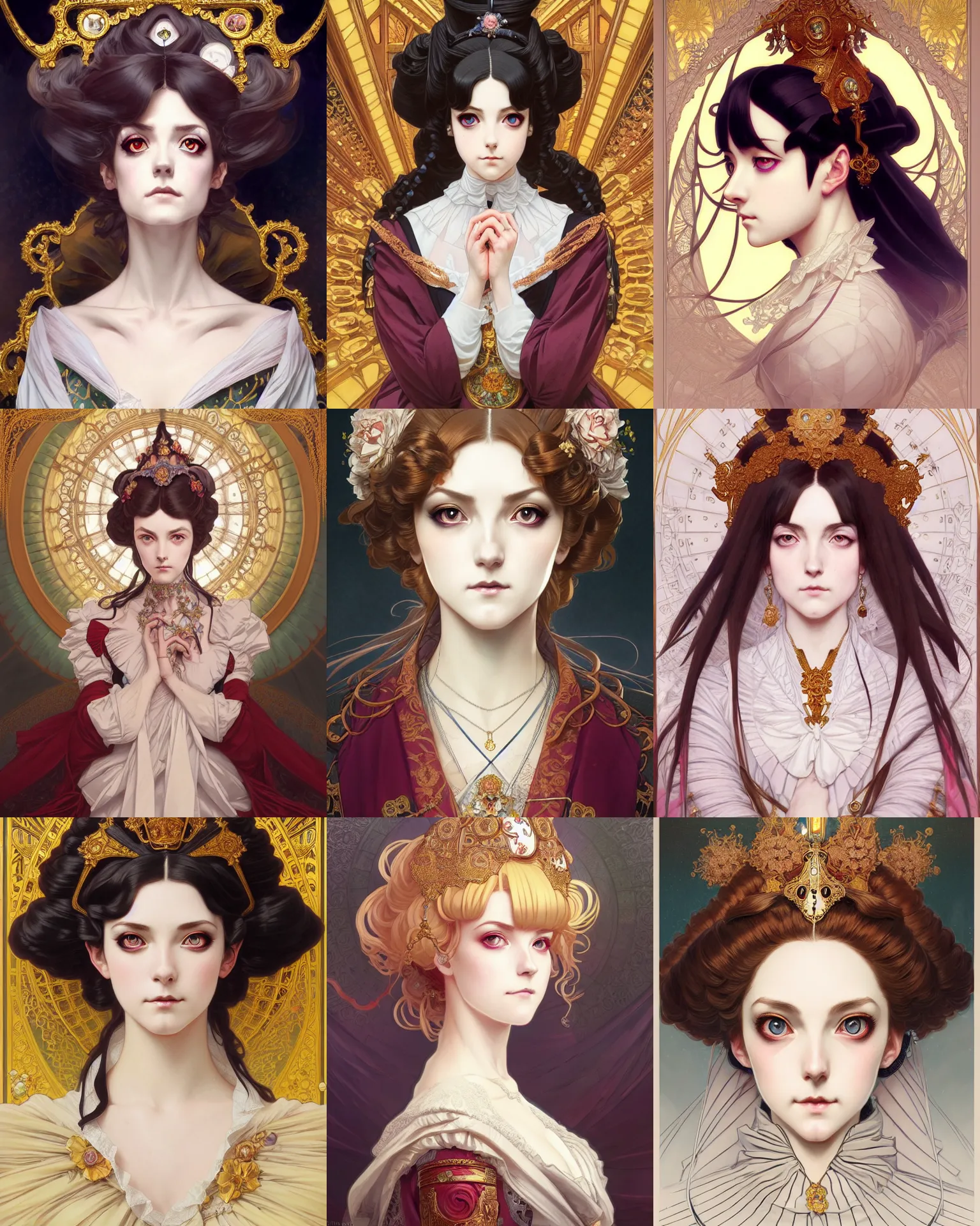 Prompt: symmetry!!!!!! beautiful anime victorian queen close portrait, wearing ornate clothing, highly detailed, expressive realistic eyes anime, dynamic lighting, digital art, digital painting, artstation, wlop, sharp focus, illustration, art by artgerm and greg rutkowski and alphonse mucha, 8 k