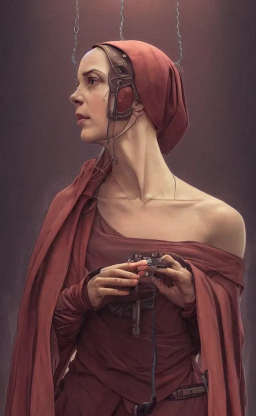 Image similar to portrait of a dystopian woman wearing an outfit inspired by the handmaid ’ s tale ( 2 0 1 7 ), intricate, headshot, highly detailed, digital painting, artstation, concept art, sharp focus, cinematic lighting, digital painting, art by artgerm and greg rutkowski, alphonse mucha, cgsociety