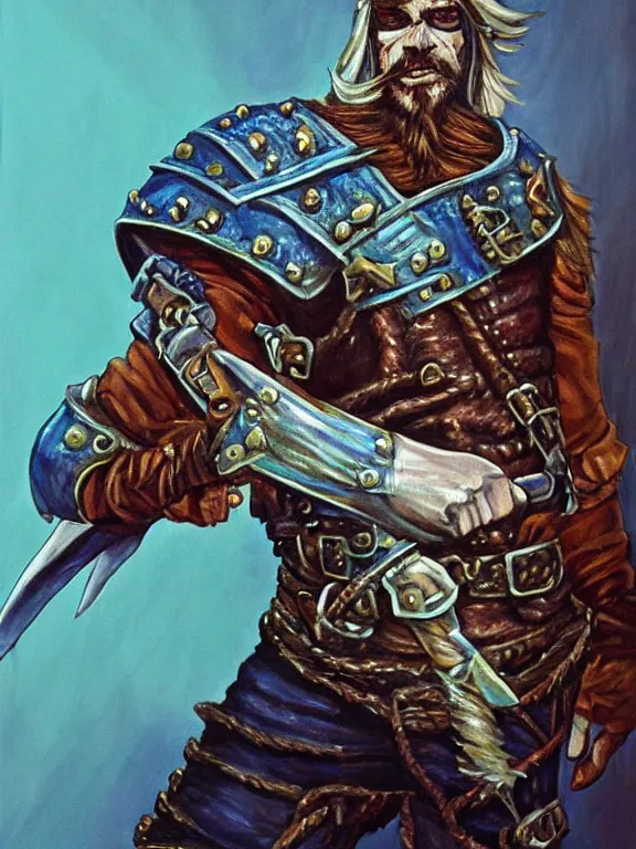 Prompt: art portrait of blue Dragonborn pirate, leather armour, by Larry Elmore ,trending on DeviantArt,face enhance,minimalist, dungeons and dragons,full of colour,