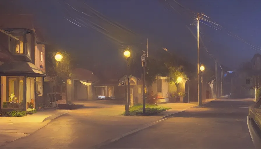 Image similar to a painting of a suburban street at night by jama jurabaev, cinematic shot, trending on artstation, high quality, ultra realistic