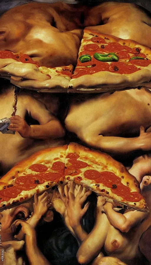 Image similar to oil portrait of evil pizza hut stuffed crust with human limbs as toppings, hyperrealistic, surrealcore, lovecraftian, 4 k by francisco goya