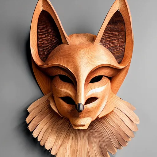 Prompt: a beautiful kitsune mask carved in wood and made by iris van herpen