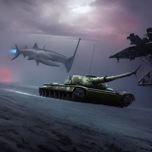 Image similar to hyperrealistic dslr film still of hammerhead shark piloting a panzer tank, stunning 8 k octane comprehensive 3 d render, inspired by istvan sandorfi & greg rutkowski & unreal engine, perfect symmetry, dim volumetric cinematic lighting, extremely hyper - detailed, incredibly real lifelike attributes & flesh texture, intricate, masterpiece, artstation, stunning