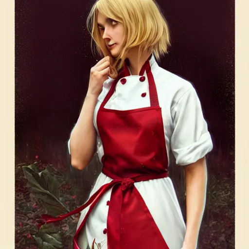 Image similar to elf woman standing in rain, short blonde hair, red and white chef's apron, sharp focus, intricate, smooth, ultra realistic digital art, elegant, by artgerm, greg rutkowski, raymond swanland, alphonse mucha