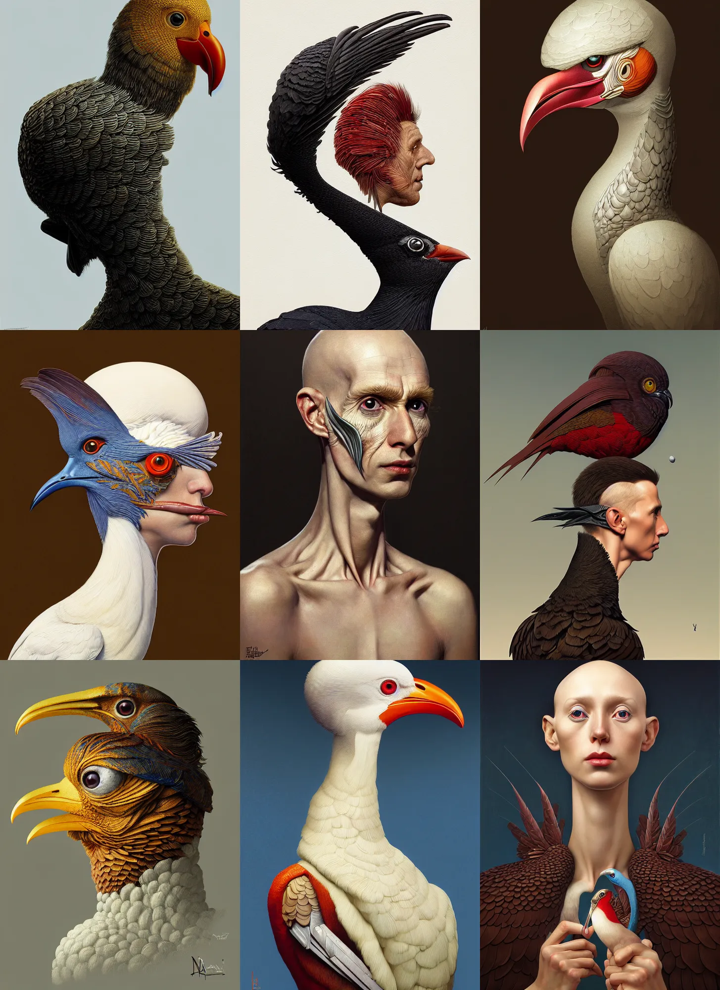 Prompt: rpg! profile portrait of a surreal humanoid bird on white background, beak, intricate, highly detailed, digital painting, artstation, concept art, smooth, sharp focus, illustration, art by norman rockwell emiliano ponzi andrey remnev yoann lossel john currin aaron jasinski ivan albright hsiao - ron cheng, 8 k