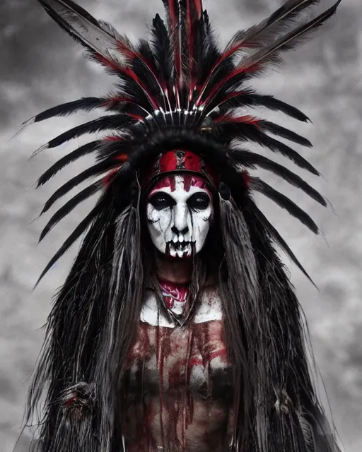 Image similar to lady native sisters ghost - spirit of the grim - warpaint wears the scarlet skull armor and native blood headdress feathers, midnight fog - mist!, dark oil painting colors, realism, cinematic lighting, various refining methods, micro macro autofocus, ultra definition, award winning photo, photograph by ghostwave - gammell - giger - shadowlord