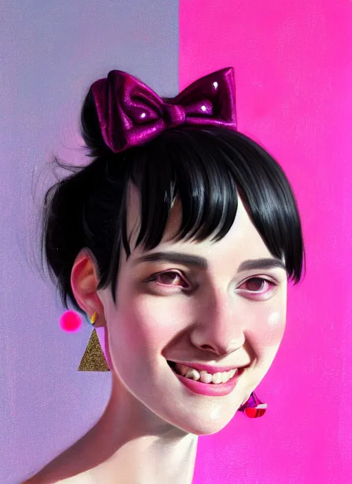 Image similar to portrait of high school girl, realistic, black hair, bangs, half updo hairstyle, pointy nose, skinny, smile, ugly, defined jawline, big chin, pink hair bow, earrings, intricate, elegant, glowing lights, highly detailed, digital painting, artstation, sharp focus, illustration, art by wlop, mars ravelo and greg rutkowski